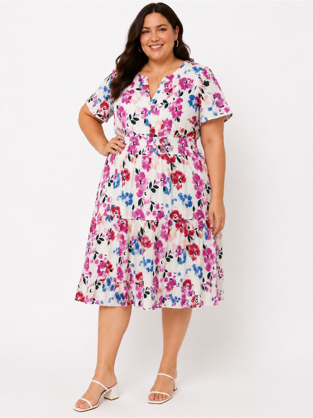 NWT Robbie Bee Women's 2X Short-Sleeve Elastic-Waist Midi Dress Floral Cottage